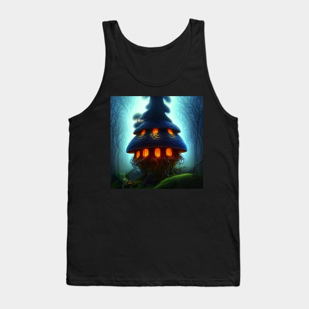 Magical Big Cottage Mushroom House with Lights in Forest with High Trees, Mushroom Aesthetic Tank Top by Promen Art